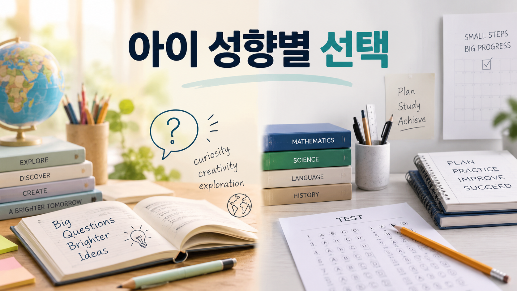 아이 성향에 따라 국제학교 선택 방향을 비교한 좌우 구성의 교육 이미지
