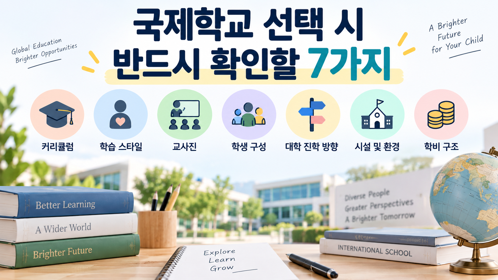 국제학교 선택 시 확인해야 할 7가지 핵심 요소를 아이콘과 함께 정리한 인포그래픽 이미지